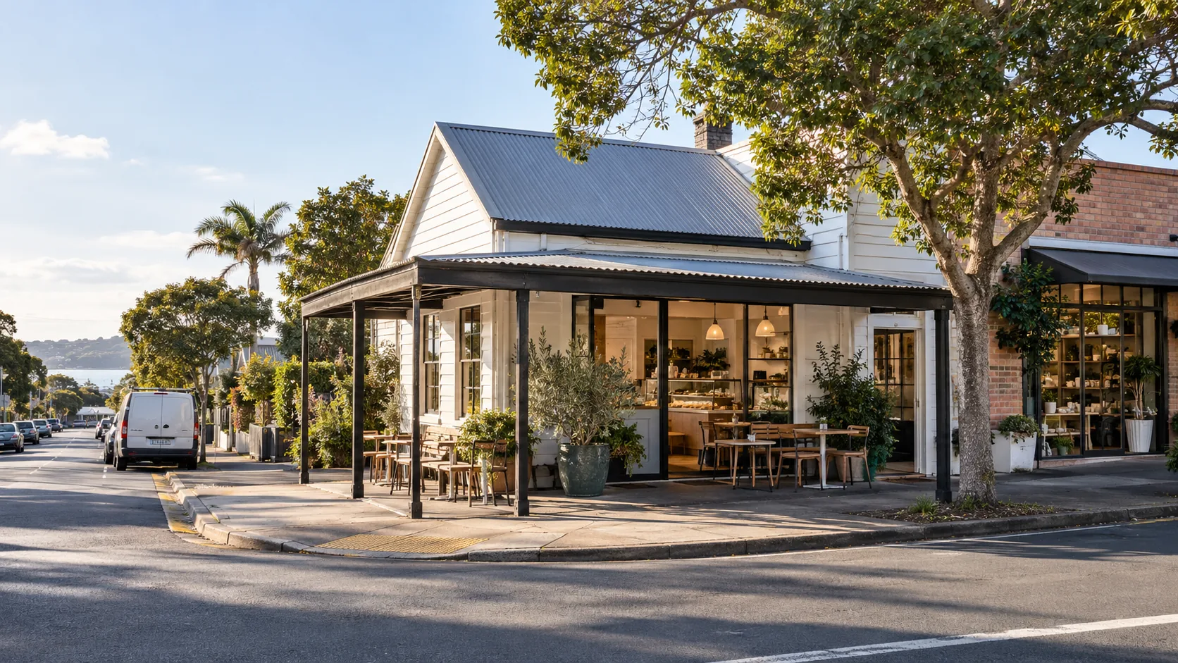 Illustrative neighbourhood cafe and adjoining shopfront in New Zealand