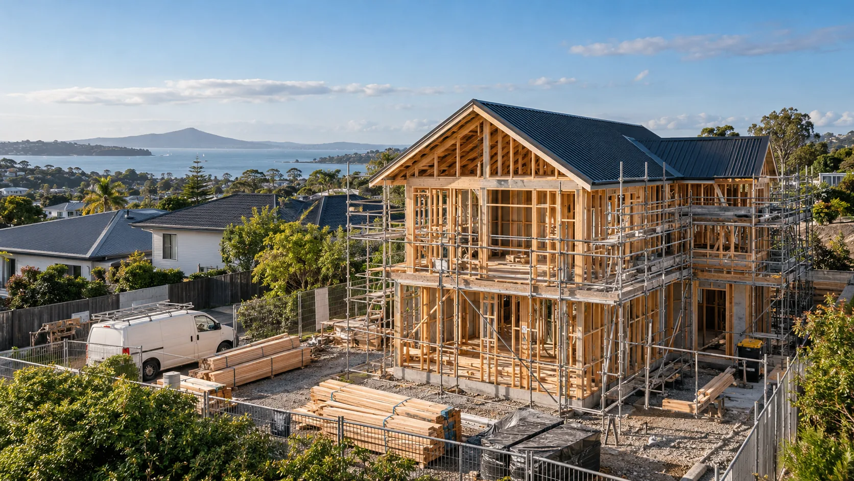 Illustrative timber-framed home under construction in a New Zealand neighbourhood